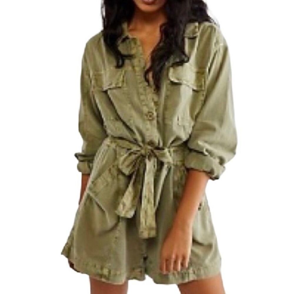 Free People Green Long Sleeve Shorts Romper Womens Casual Size M